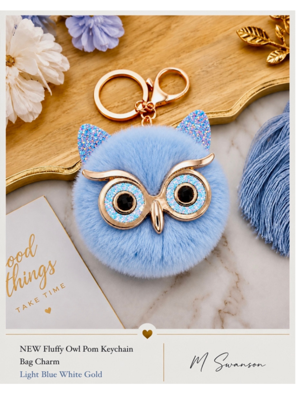 NEW Fluffy Owl Pom Pom
Keychain Charm Light Blue Gold NWT